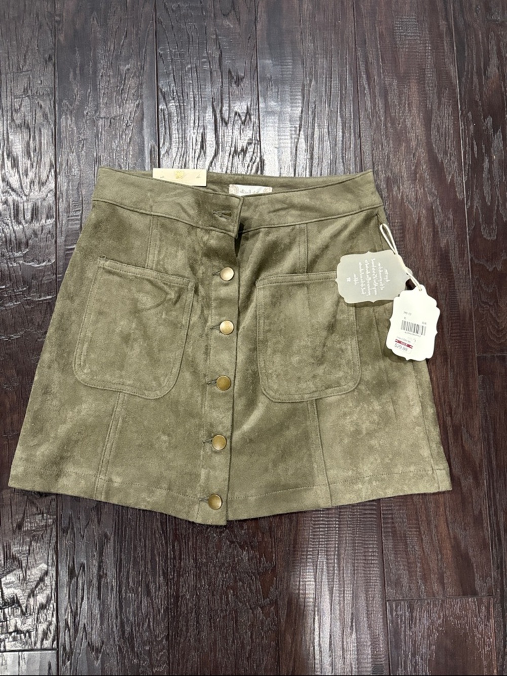 Altar'd State Olive Green Suede Front-Button Mini Skirt